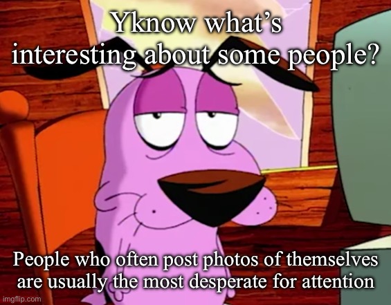Ofc there are others, but I just like Psychology (mod note: I gotchu) | Yknow what’s interesting about some people? People who often post photos of themselves are usually the most desperate for attention | image tagged in unamused courage | made w/ Imgflip meme maker