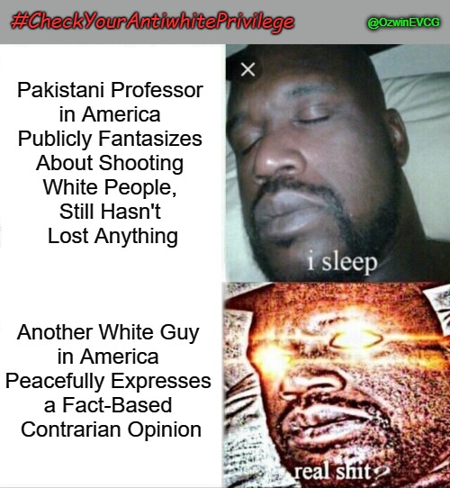 #CheckYourAntiwhitePrivilege | #CheckYourAntiwhitePrivilege; @OzwinEVCG; Pakistani Professor 

in America 

Publicly Fantasizes 

About Shooting 

White People, 

Still Hasn't 

Lost Anything; Another White Guy 

in America 

Peacefully Expresses 

a Fact-Based 

Contrarian Opinion | image tagged in double standards,sleeping shaq,antiwhite double standards,inverted reality,war on whites,occupied america | made w/ Imgflip meme maker
