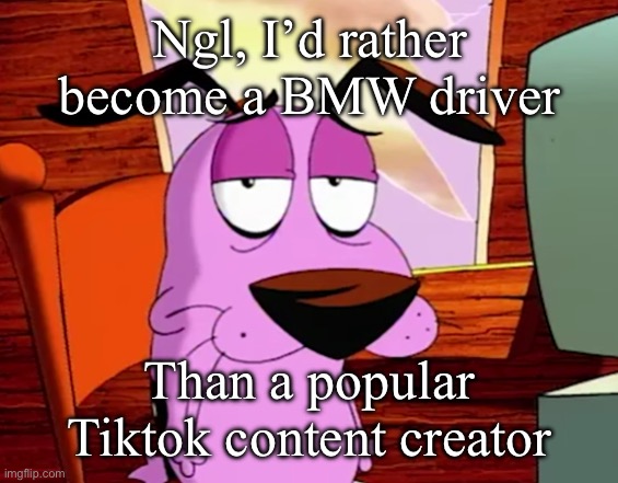 If you know how bad BMW drivers are, then yknow why I said that | Ngl, I’d rather become a BMW driver; Than a popular Tiktok content creator | image tagged in unamused courage | made w/ Imgflip meme maker