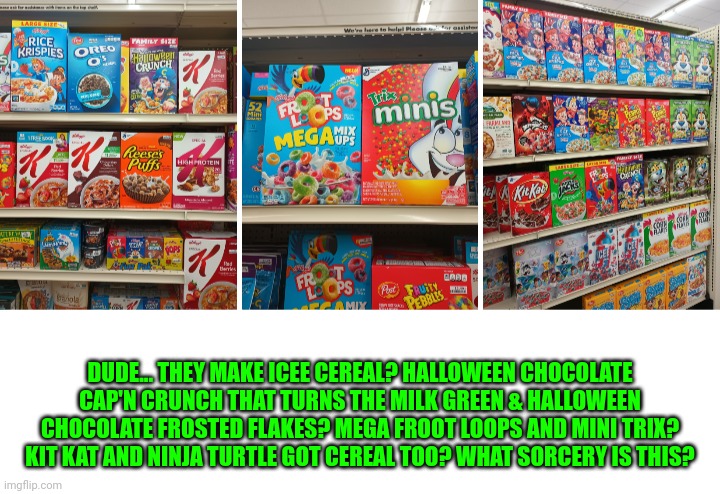 Funny | DUDE... THEY MAKE ICEE CEREAL? HALLOWEEN CHOCOLATE CAP'N CRUNCH THAT TURNS THE MILK GREEN & HALLOWEEN CHOCOLATE FROSTED FLAKES? MEGA FROOT LOOPS AND MINI TRIX? KIT KAT AND NINJA TURTLE GOT CEREAL TOO? WHAT SORCERY IS THIS? | image tagged in funny | made w/ Imgflip meme maker