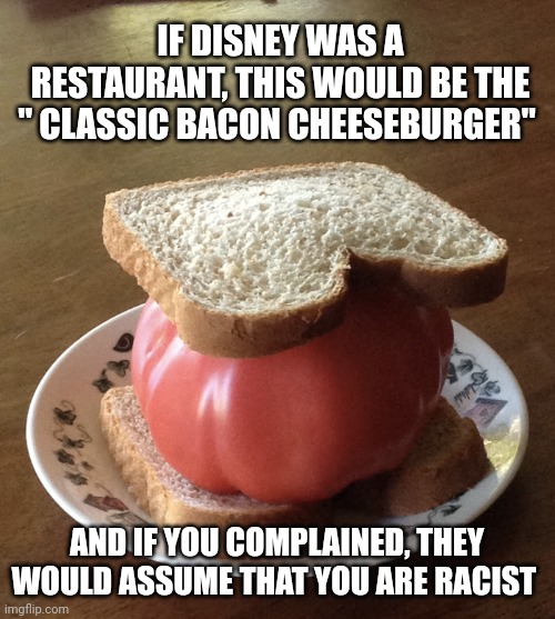 Disney plus burger | IF DISNEY WAS A RESTAURANT, THIS WOULD BE THE " CLASSIC BACON CHEESEBURGER"; AND IF YOU COMPLAINED, THEY WOULD ASSUME THAT YOU ARE RACIST | image tagged in tomato sandwich | made w/ Imgflip meme maker