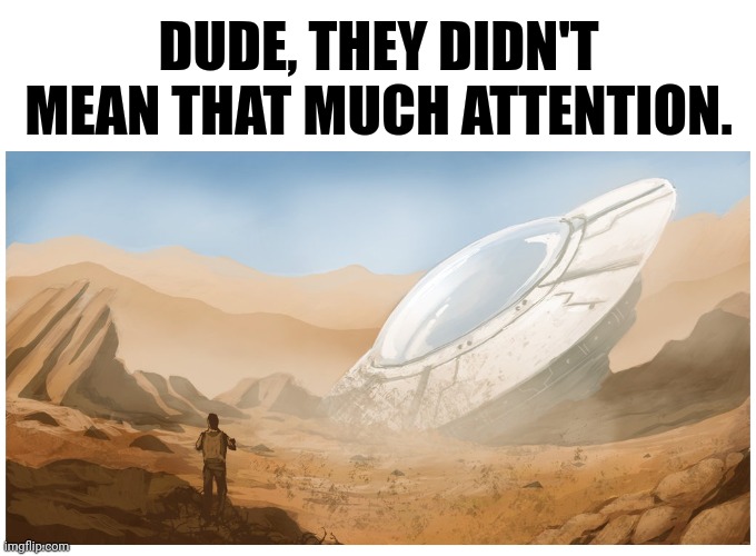 CRASHED UFO IN THE DESERT "FLYING SAUCER" BLANK | DUDE, THEY DIDN'T MEAN THAT MUCH ATTENTION. | image tagged in crashed ufo in the desert flying saucer blank | made w/ Imgflip meme maker