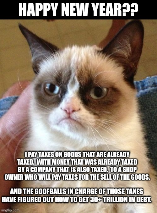 Grumpy Cat Meme | HAPPY NEW YEAR?? I PAY TAXES ON GOODS THAT ARE ALREADY TAXED.  WITH MONEY THAT WAS ALREADY TAXED BY A COMPANY THAT IS ALSO TAXED.  TO A SHOP OWNER WHO WILL PAY TAXES FOR THE SELL OF THE GOODS. AND THE GOOFBALLS IN CHARGE OF THOSE TAXES HAVE FIGURED OUT HOW TO GET 30+ TRILLION IN DEBT. | image tagged in memes,grumpy cat,income taxes,taxes,let's raise their taxes | made w/ Imgflip meme maker