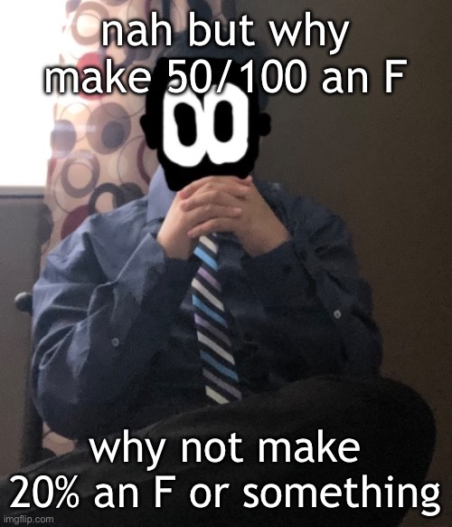 delted but he's badass | nah but why make 50/100 an F; why not make 20% an F or something | image tagged in delted but he's badass | made w/ Imgflip meme maker