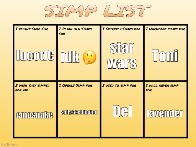 something old i wanted to do lmao | star wars; lucotIC; Toni; idk 🤔; Sally.Skellington; Del; lavender; emosnake | image tagged in simp list | made w/ Imgflip meme maker