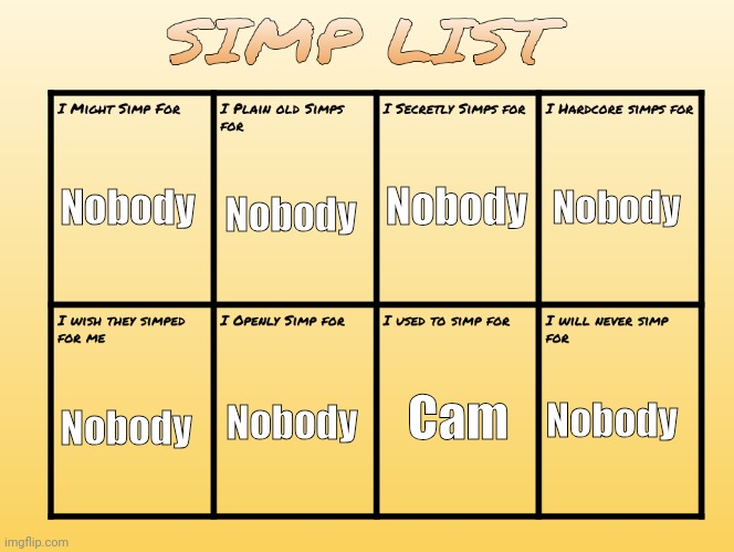 Last time I simped was 2 years ago | Nobody; Nobody; Nobody; Nobody; Nobody; Cam; Nobody; Nobody | image tagged in simp list | made w/ Imgflip meme maker