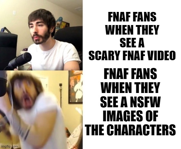 Penguinz0 | FNAF FANS WHEN THEY SEE A SCARY FNAF VIDEO; FNAF FANS WHEN THEY SEE A NSFW IMAGES OF THE CHARACTERS | image tagged in penguinz0 | made w/ Imgflip meme maker