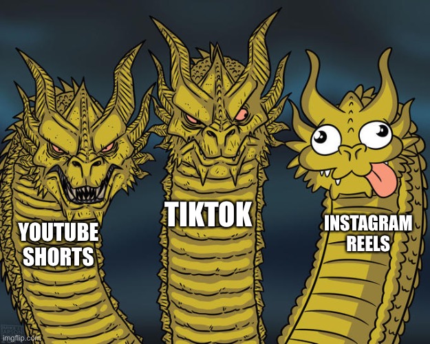 Three heads of short attention span | TIKTOK; INSTAGRAM REELS; YOUTUBE SHORTS | image tagged in three-headed dragon | made w/ Imgflip meme maker