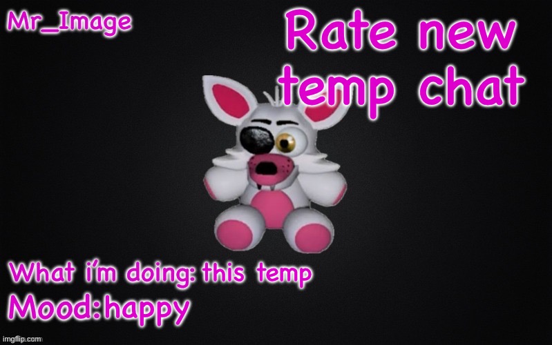 Rate new temp chat; this temp; happy | image tagged in mangle plush announcement temp | made w/ Imgflip meme maker