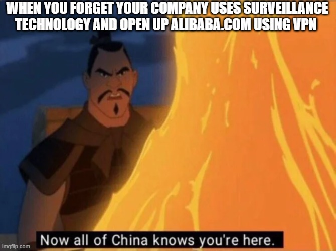 Now all of China knows you're here | WHEN YOU FORGET YOUR COMPANY USES SURVEILLANCE TECHNOLOGY AND OPEN UP ALIBABA.COM USING VPN | image tagged in now all of china knows you're here | made w/ Imgflip meme maker
