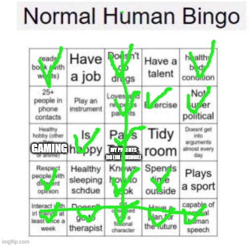Normal human bingo | MY PARENTS DO (IM A MINOR) GAMING | image tagged in normal human bingo | made w/ Imgflip meme maker