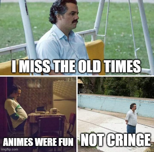 Sad Pablo Escobar | I MISS THE OLD TIMES; ANIMES WERE FUN; NOT CRINGE | image tagged in memes,sad pablo escobar | made w/ Imgflip meme maker