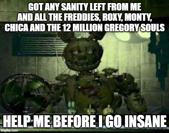 do i need to explain? | GOT ANY SANITY LEFT FROM ME AND ALL THE FREDDIES, ROXY, MONTY, CHICA AND THE 12 MILLION GREGORY SOULS; HELP ME BEFORE I GO INSANE | image tagged in fnaf springtrap in window | made w/ Imgflip meme maker