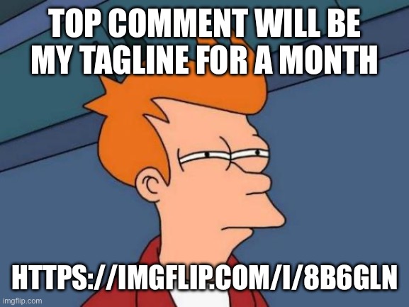 i need more competition in the comments | TOP COMMENT WILL BE MY TAGLINE FOR A MONTH; HTTPS://IMGFLIP.COM/I/8B6GLN | image tagged in memes,futurama fry | made w/ Imgflip meme maker