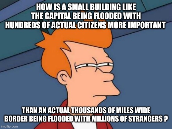 The Commie Libs Are By The Very Definition, INSURRECTIONIST! | HOW IS A SMALL BUILDING LIKE THE CAPITAL BEING FLOODED WITH HUNDREDS OF ACTUAL CITIZENS MORE IMPORTANT; THAN AN ACTUAL THOUSANDS OF MILES WIDE BORDER BEING FLOODED WITH MILLIONS OF STRANGERS ? | image tagged in memes,futurama fry | made w/ Imgflip meme maker
