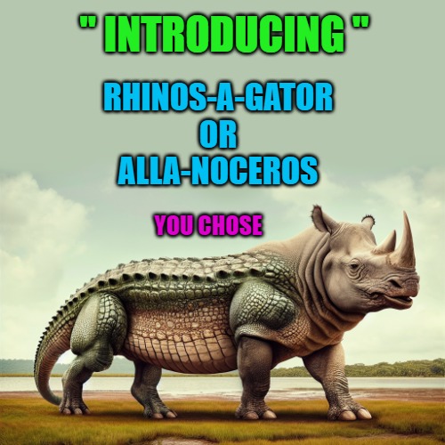 Rhinoce-A-Gator | " INTRODUCING "; RHINOS-A-GATOR
OR
ALLA-NOCEROS; YOU CHOSE | image tagged in rhinoceros,allagator,kewlew | made w/ Imgflip meme maker