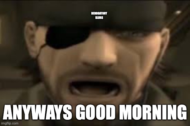 Naked Snake Scream | DEROGATORY SLURS; ANYWAYS GOOD MORNING | image tagged in naked snake scream | made w/ Imgflip meme maker