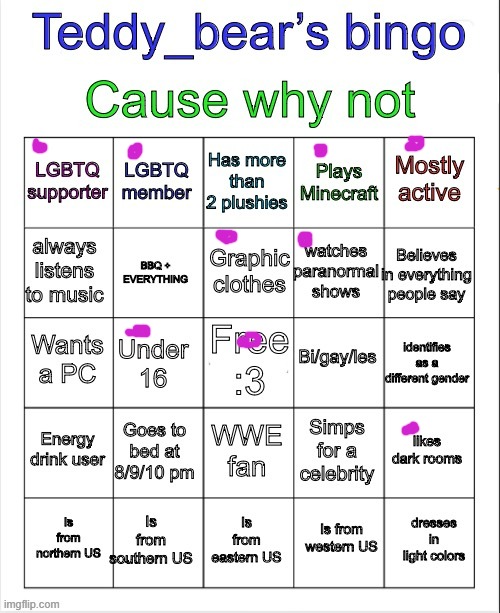 First time doing a bingo board | image tagged in teddy bear s bingo | made w/ Imgflip meme maker