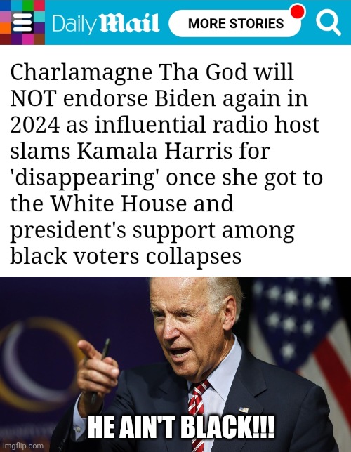 HE AIN'T BLACK!!! | image tagged in joe biden pointing | made w/ Imgflip meme maker