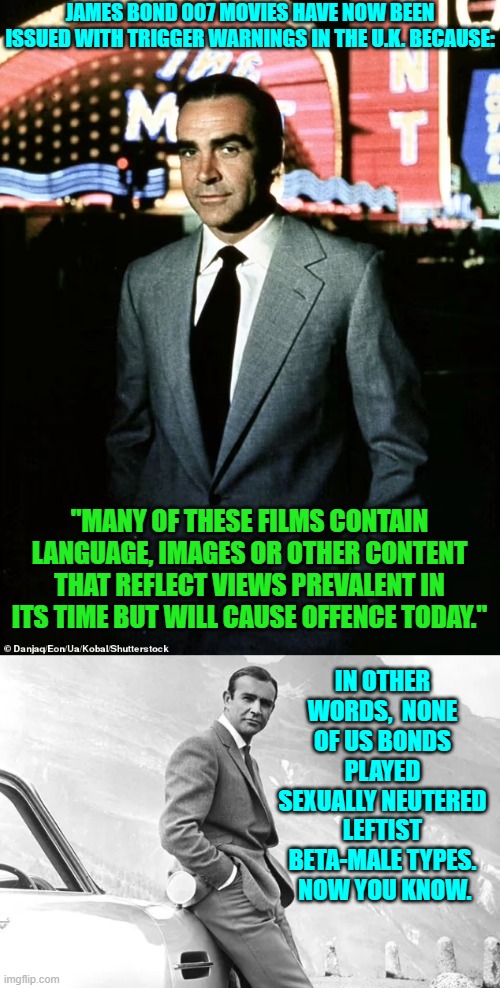 Of course the new 007 will probably come across as at least a quasi leftist beta male type. | JAMES BOND 007 MOVIES HAVE NOW BEEN ISSUED WITH TRIGGER WARNINGS IN THE U.K. BECAUSE:; "MANY OF THESE FILMS CONTAIN LANGUAGE, IMAGES OR OTHER CONTENT THAT REFLECT VIEWS PREVALENT IN ITS TIME BUT WILL CAUSE OFFENCE TODAY."; IN OTHER WORDS,  NONE OF US BONDS PLAYED SEXUALLY NEUTERED LEFTIST BETA-MALE TYPES.  NOW YOU KNOW. | image tagged in yep | made w/ Imgflip meme maker