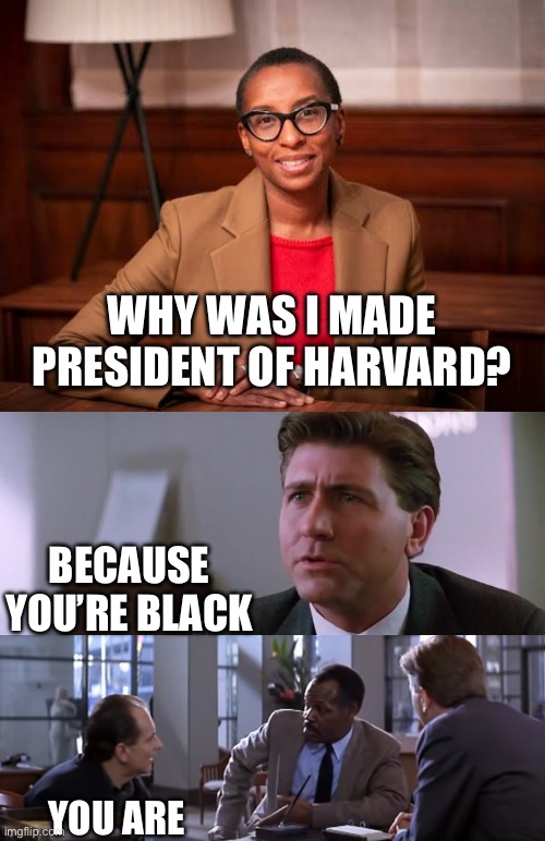 Now, now. Let’s not forget that she stole everything she ever did from someone else. | WHY WAS I MADE PRESIDENT OF HARVARD? BECAUSE YOU’RE BLACK; YOU ARE | image tagged in claudine gay,political meme,racism,stupid liberals,liberal hypocrisy,funny memes | made w/ Imgflip meme maker