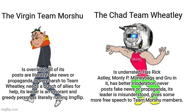 For all the Wheatlers out there, not for the sensitive Team Morshu members. | image tagged in virgin vs chad | made w/ Imgflip meme maker