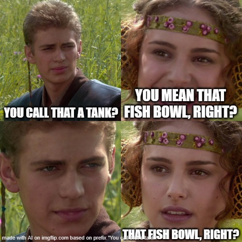 i mean... | YOU CALL THAT A TANK? YOU MEAN THAT FISH BOWL, RIGHT? THAT FISH BOWL, RIGHT? | image tagged in anakin padme 4 panel | made w/ Imgflip meme maker
