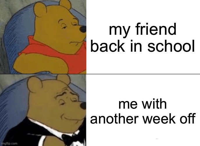 ahahaha | my friend back in school; me with another week off | image tagged in memes,tuxedo winnie the pooh | made w/ Imgflip meme maker