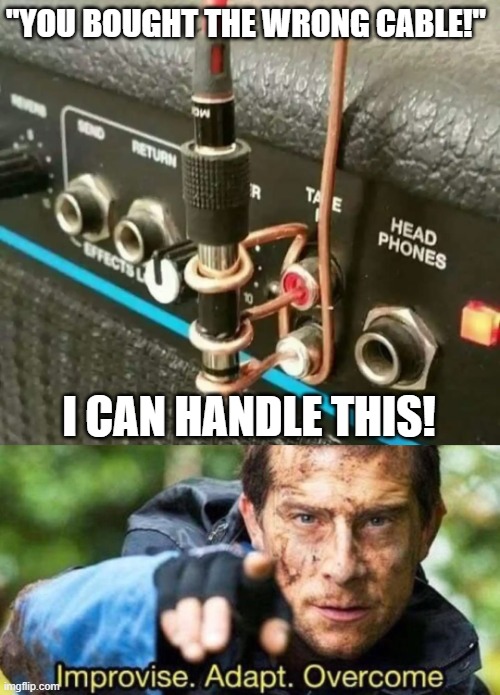I think it will work until the amplifier gets loud and shaky. | "YOU BOUGHT THE WRONG CABLE!"; I CAN HANDLE THIS! | image tagged in improvise adapt overcome | made w/ Imgflip meme maker