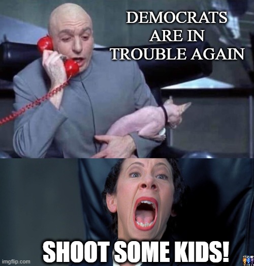 convenient shooting | DEMOCRATS ARE IN TROUBLE AGAIN; SHOOT SOME KIDS! | image tagged in dr evil and frau,cover up,false flag,gun violence,gun free zone | made w/ Imgflip meme maker