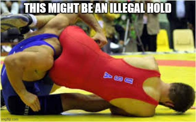 meme by Brad wrestling illegal hold | THIS MIGHT BE AN ILLEGAL HOLD | image tagged in wrestling,humor,sports,sport | made w/ Imgflip meme maker