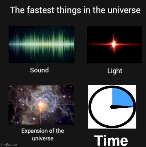 it was 7:45 and it was 7:50 dam | Time | image tagged in fastest things in the universe,time,fast | made w/ Imgflip meme maker