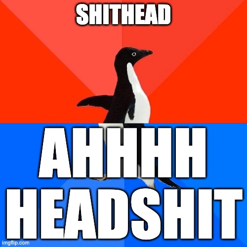 Socially Awesome Awkward Penguin | AHHHH HEADSHIT; SHITHEAD | image tagged in memes,socially awesome awkward penguin | made w/ Imgflip meme maker