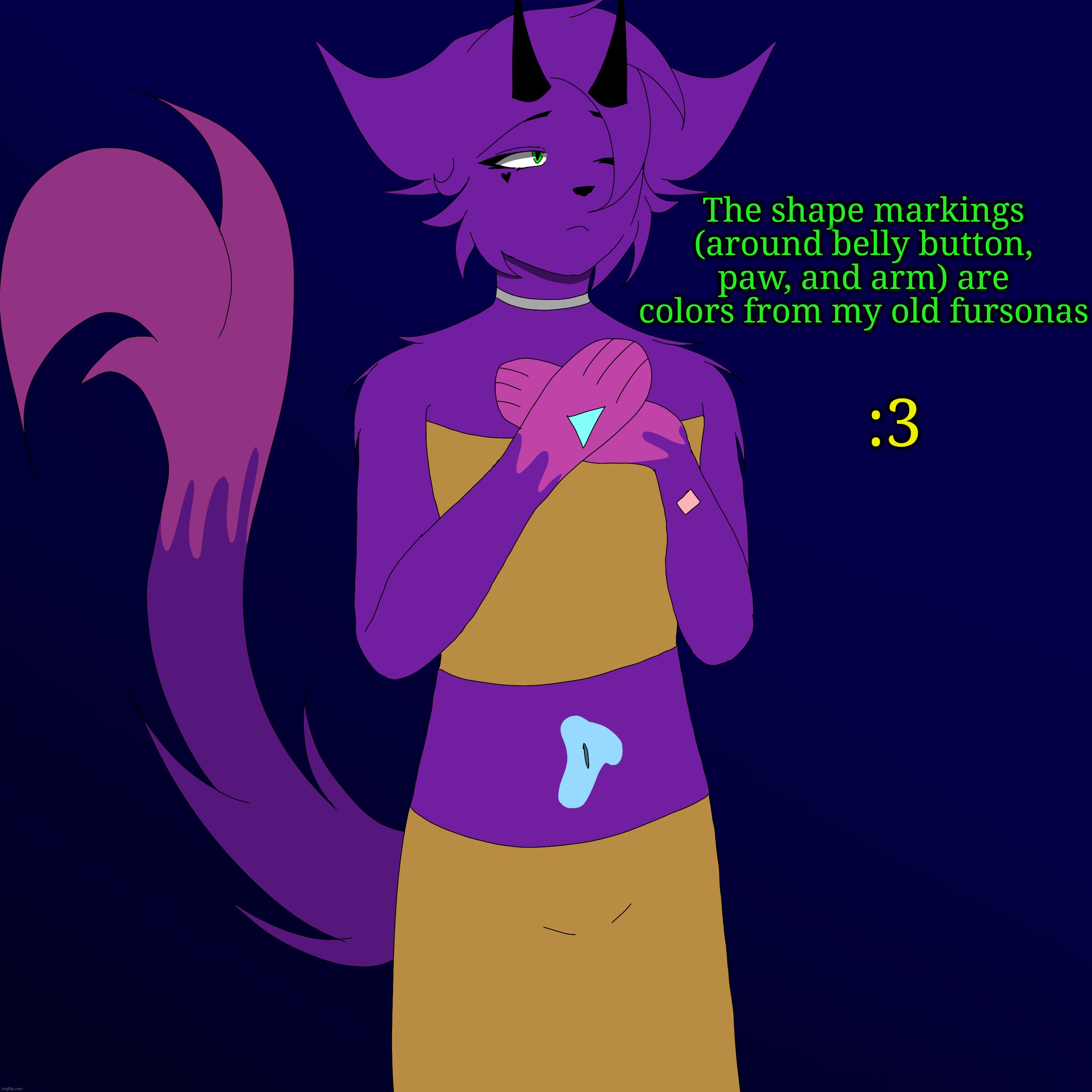 The shape markings (around belly button, paw, and arm) are colors from my old fursonas; :3 | made w/ Imgflip meme maker