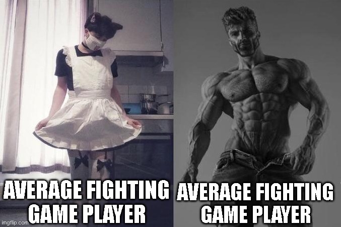 There are 2 kinds of fighting game players | AVERAGE FIGHTING GAME PLAYER; AVERAGE FIGHTING GAME PLAYER | image tagged in strongest fan vs weakest fan,fighting games,video games | made w/ Imgflip meme maker