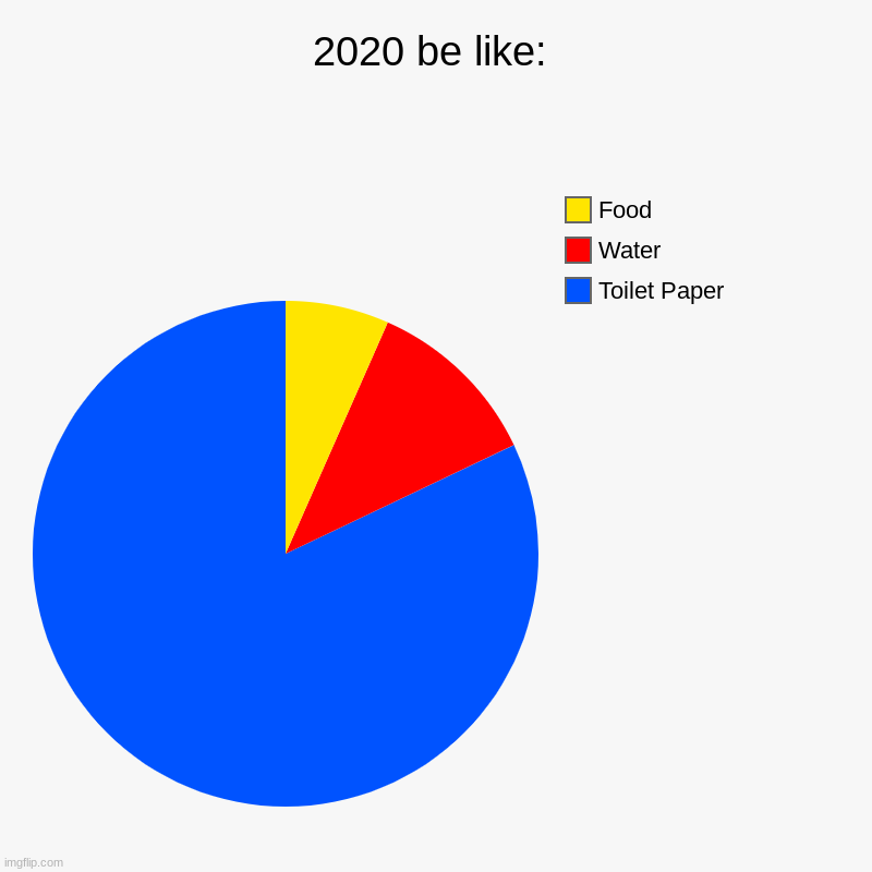 This was 2020. | 2020 be like: | Toilet Paper, Water, Food | image tagged in charts,pie charts | made w/ Imgflip chart maker