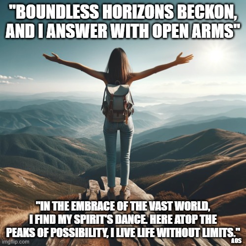 Living Life Without Limits | "BOUNDLESS HORIZONS BECKON, AND I ANSWER WITH OPEN ARMS"; "IN THE EMBRACE OF THE VAST WORLD, I FIND MY SPIRIT'S DANCE. HERE ATOP THE PEAKS OF POSSIBILITY, I LIVE LIFE WITHOUT LIMITS."; AOS | image tagged in live life without limits embrace your life | made w/ Imgflip meme maker