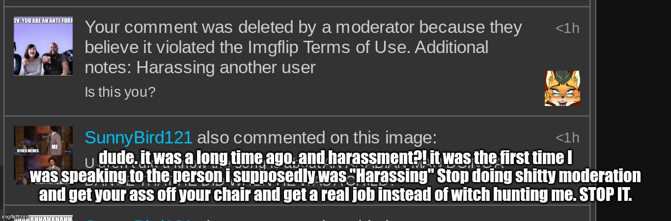 I guess good old LT Fox Vixen is a Violation of TOS Now! at least they didnt reset the stupid ass ban Ive had for 2 days | dude. it was a long time ago. and harassment?! it was the first time I was speaking to the person i supposedly was "Harassing" Stop doing shitty moderation and get your ass off your chair and get a real job instead of witch hunting me. STOP IT. | image tagged in bullshit | made w/ Imgflip meme maker
