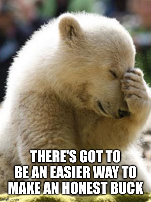 Facepalm Bear Meme | THERE'S GOT TO BE AN EASIER WAY TO MAKE AN HONEST BUCK | image tagged in memes,facepalm bear | made w/ Imgflip meme maker