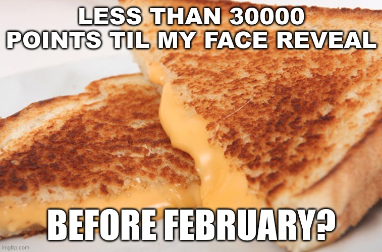 :| | LESS THAN 30000 POINTS TIL MY FACE REVEAL; BEFORE FEBRUARY? | image tagged in grilled cheese | made w/ Imgflip meme maker