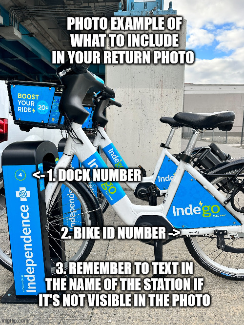 PHOTO EXAMPLE OF WHAT TO INCLUDE IN YOUR RETURN PHOTO; <- 1. DOCK NUMBER; 2. BIKE ID NUMBER ->; 3. REMEMBER TO TEXT IN THE NAME OF THE STATION IF IT'S NOT VISIBLE IN THE PHOTO | made w/ Imgflip meme maker