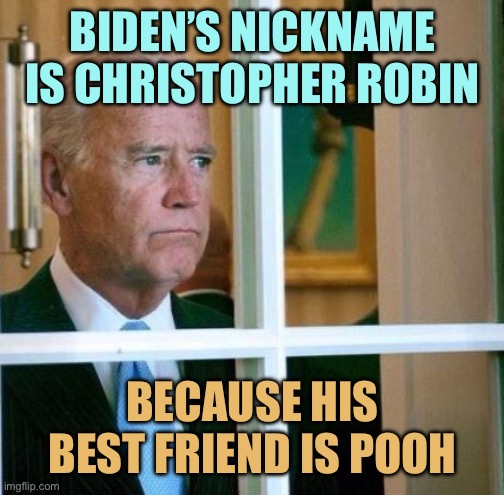 Sad Joe Biden | BIDEN’S NICKNAME IS CHRISTOPHER ROBIN; BECAUSE HIS BEST FRIEND IS POOH | image tagged in sad joe biden,memes | made w/ Imgflip meme maker
