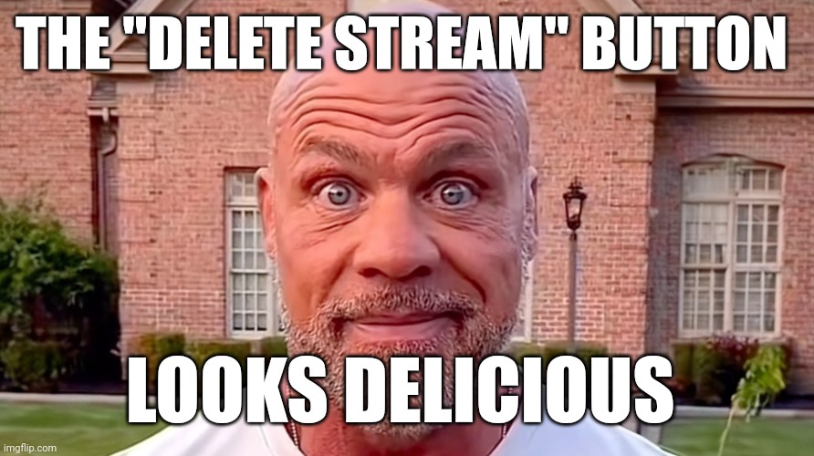 /j | THE "DELETE STREAM" BUTTON; LOOKS DELICIOUS | image tagged in kurt angle stare | made w/ Imgflip meme maker