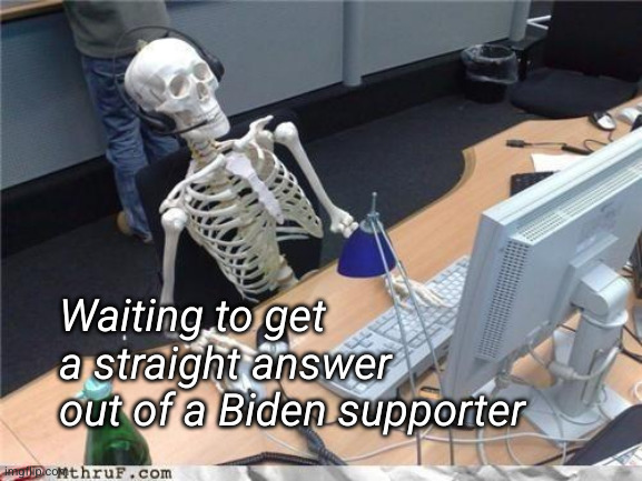 Waiting to get a straight answer from a leftist | Waiting to get
a straight answer
out of a Biden supporter | image tagged in waiting skeleton,leftists,brain washed | made w/ Imgflip meme maker