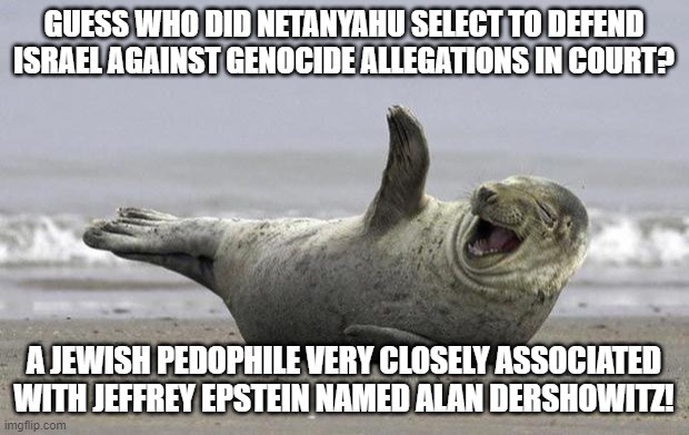 You Wanted the Jeffrey Epstein Documents Unsealed? You Got Them! | GUESS WHO DID NETANYAHU SELECT TO DEFEND ISRAEL AGAINST GENOCIDE ALLEGATIONS IN COURT? A JEWISH PEDOPHILE VERY CLOSELY ASSOCIATED WITH JEFFREY EPSTEIN NAMED ALAN DERSHOWITZ! | image tagged in laughing seal,jeffrey epstein,israel,jews,pedophile,genocide | made w/ Imgflip meme maker