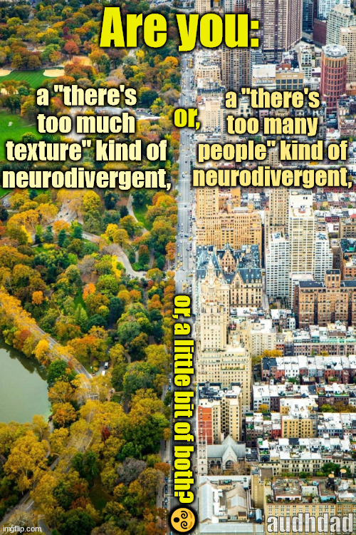 Are you a Nature Bad kind of ND or a Cities Bad kind of ND | Are you:; a "there's too much texture" kind of neurodivergent, a "there's too many people" kind of neurodivergent, or, or, a little bit of both?😵‍; audhdad | image tagged in nature vs the city,city,country,texture,other people,audhd | made w/ Imgflip meme maker