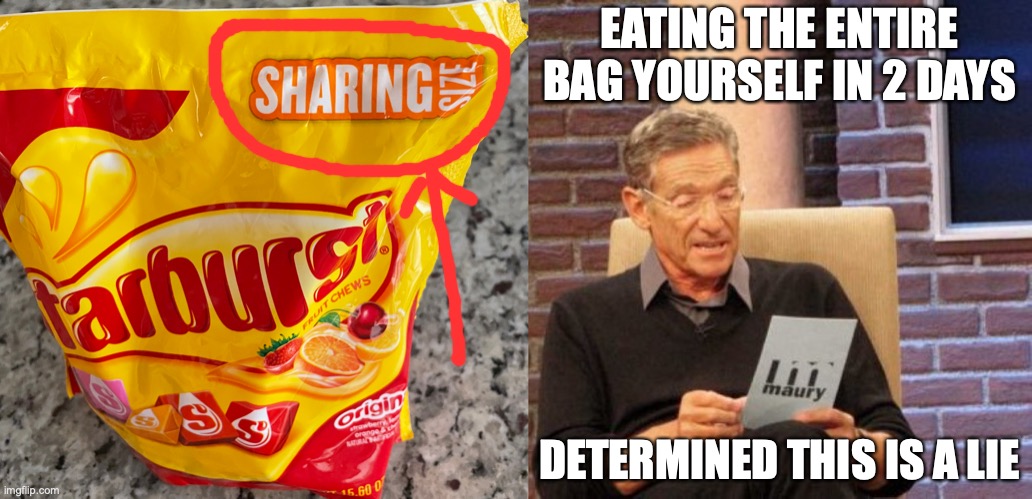 "Sharing Size" | EATING THE ENTIRE BAG YOURSELF IN 2 DAYS; DETERMINED THIS IS A LIE | image tagged in starburst - sharing size,memes,maury lie detector | made w/ Imgflip meme maker