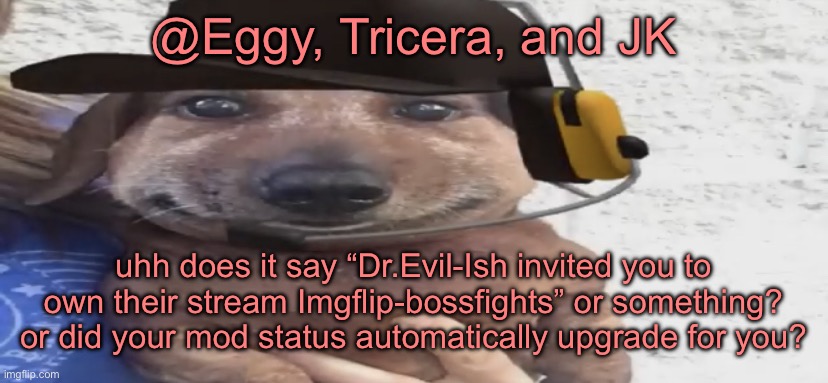 chucklenuts | @Eggy, Tricera, and JK; uhh does it say “Dr.Evil-Ish invited you to own their stream Imgflip-bossfights” or something? or did your mod status automatically upgrade for you? | image tagged in chucklenuts | made w/ Imgflip meme maker