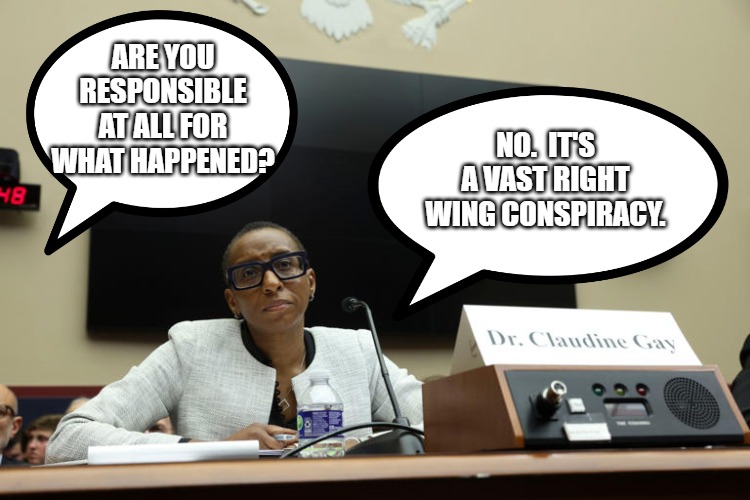 Claudine Gay | ARE YOU RESPONSIBLE AT ALL FOR WHAT HAPPENED? NO.  IT'S A VAST RIGHT WING CONSPIRACY. | image tagged in funny | made w/ Imgflip meme maker