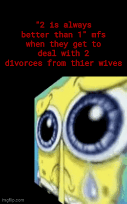 I admit, 2 is SOMETIMES better than one. like 2 world wars is good! :3 | "2 is always better than 1" mfs when they get to deal with 2 divorces from thier wives | image tagged in gifs,fun,funny,memes,relatable,front page plz | made w/ Imgflip video-to-gif maker